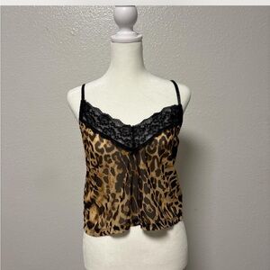 Vintage Y2K Leopard print cami top with black lace trim and adjustable straps